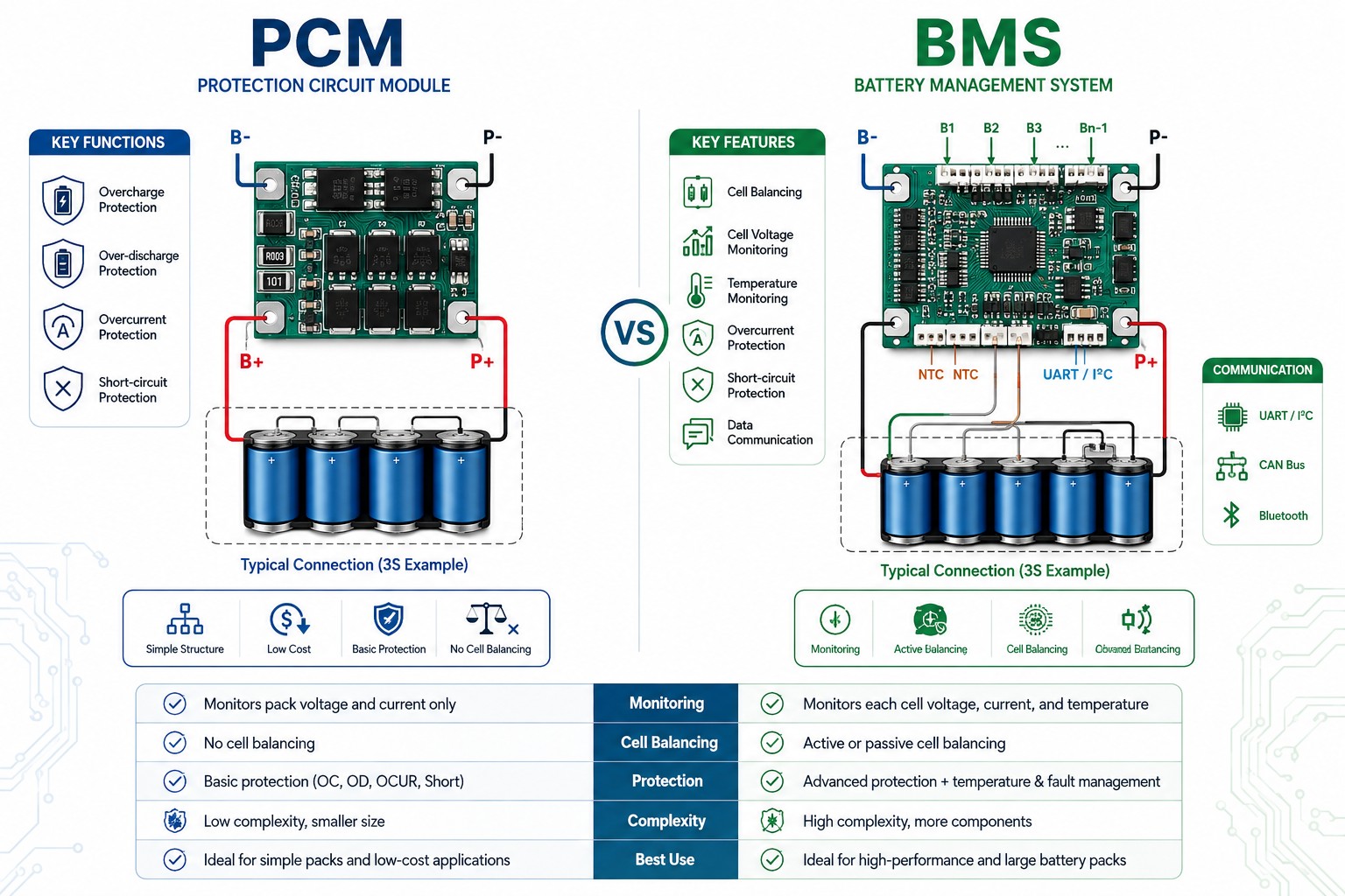 فرق PCM و BMS چیست؟ راهنمای کامل برد محافظ و مدیریت باتری لیتیوم