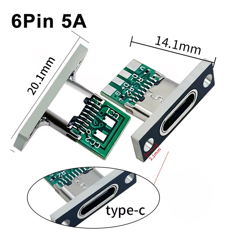 سوکت مادگی  USB Type-C 3.1 رو پنلی فلزی 6 پین مشکی