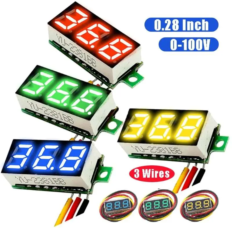 ماژول ولتمتر 3 دیجیت DC 0-100V سه سیمه 0.28 اینچ مناسب باتری خودرو در 4رنگ